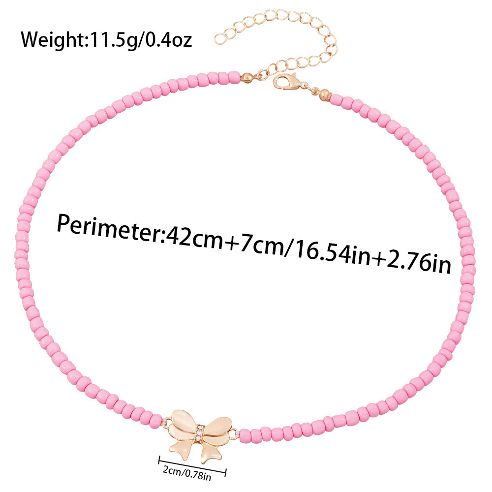 Bohemian Bow Tie Necklace For Kids With Beaded Chain Featuring Alloy And Seed Bead Inlay In Colour