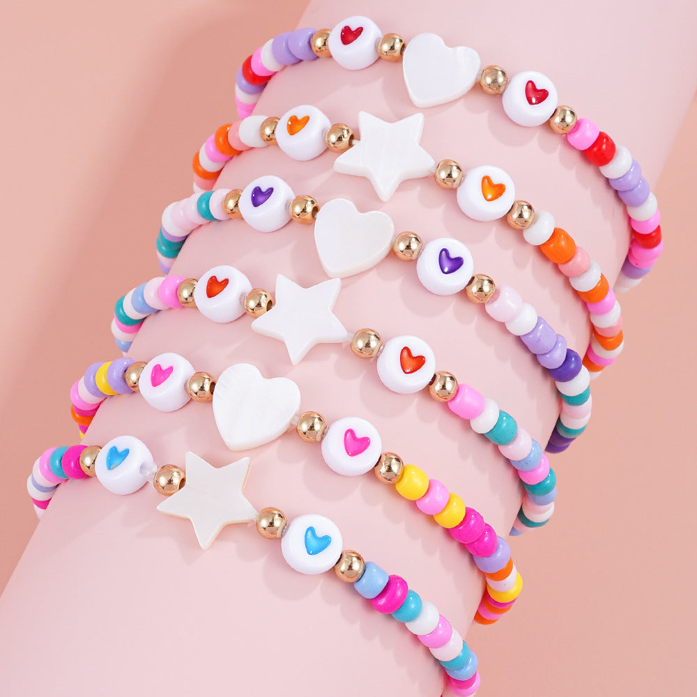 Handmade Heart Shape Acrylic Bracelet For Kids With Seed Bead Inlay In Colour
