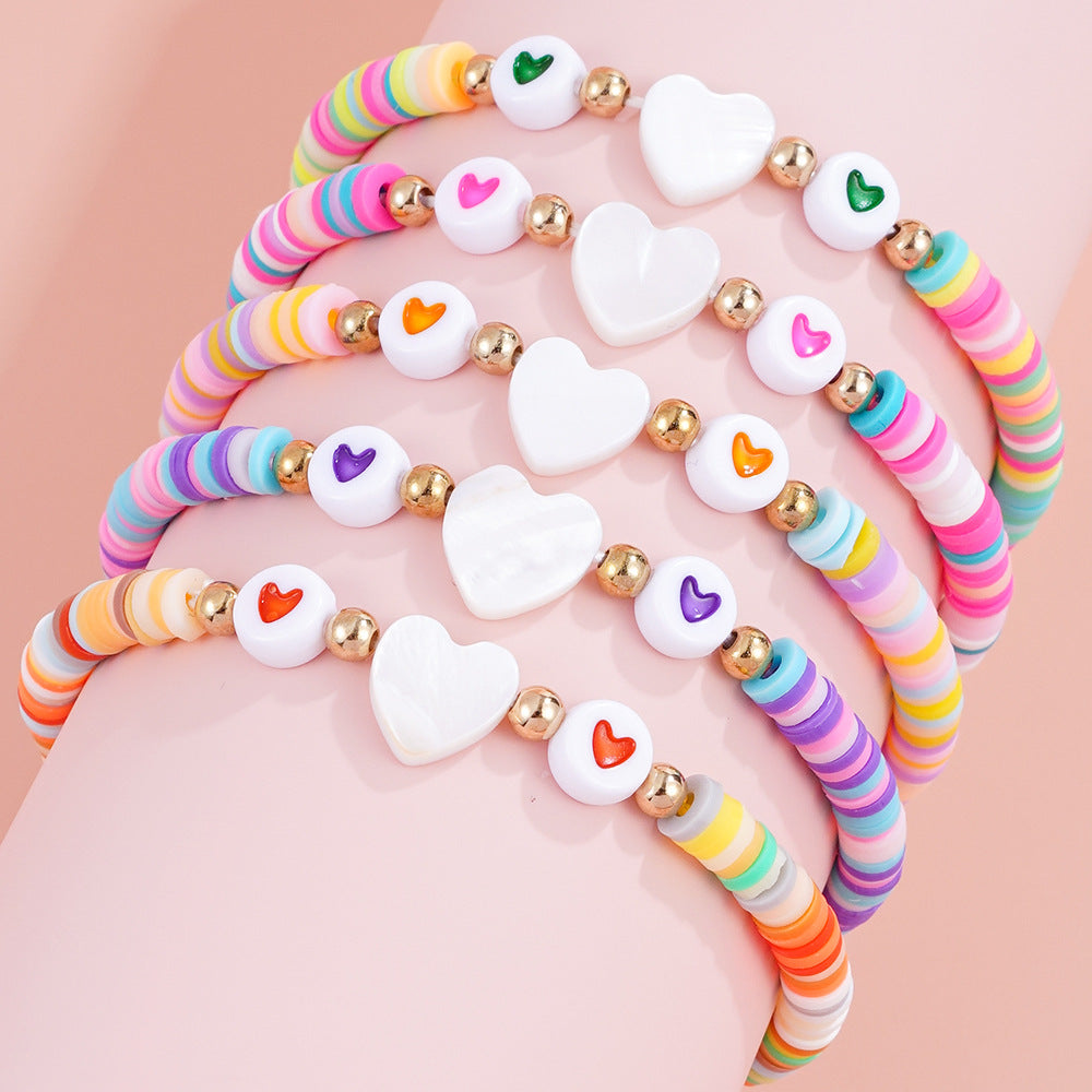 Handmade Heart Shape Acrylic Bracelet For Kids With Seed Bead Inlay In Colour