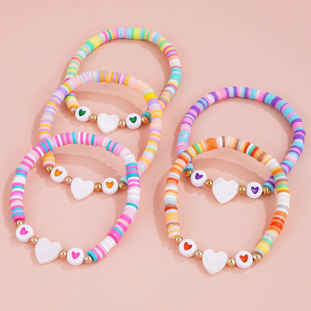Handmade Heart Shape Acrylic Bracelet For Kids With Seed Bead Inlay In Colour