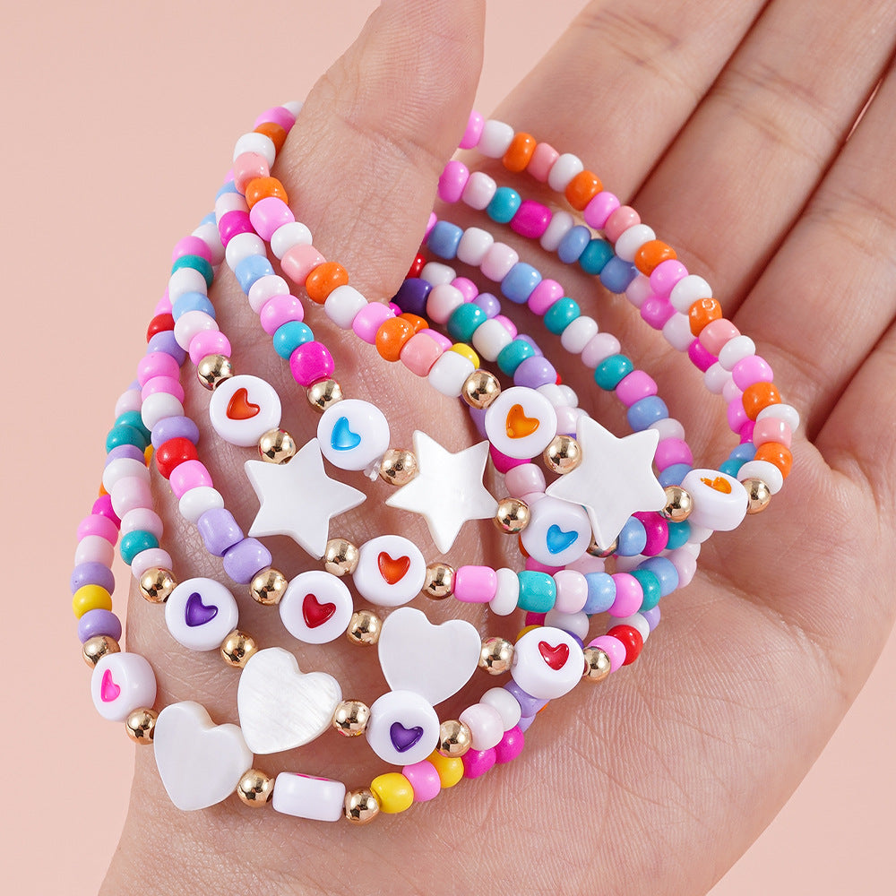 Handmade Heart Shape Acrylic Bracelet For Kids With Seed Bead Inlay In Colour