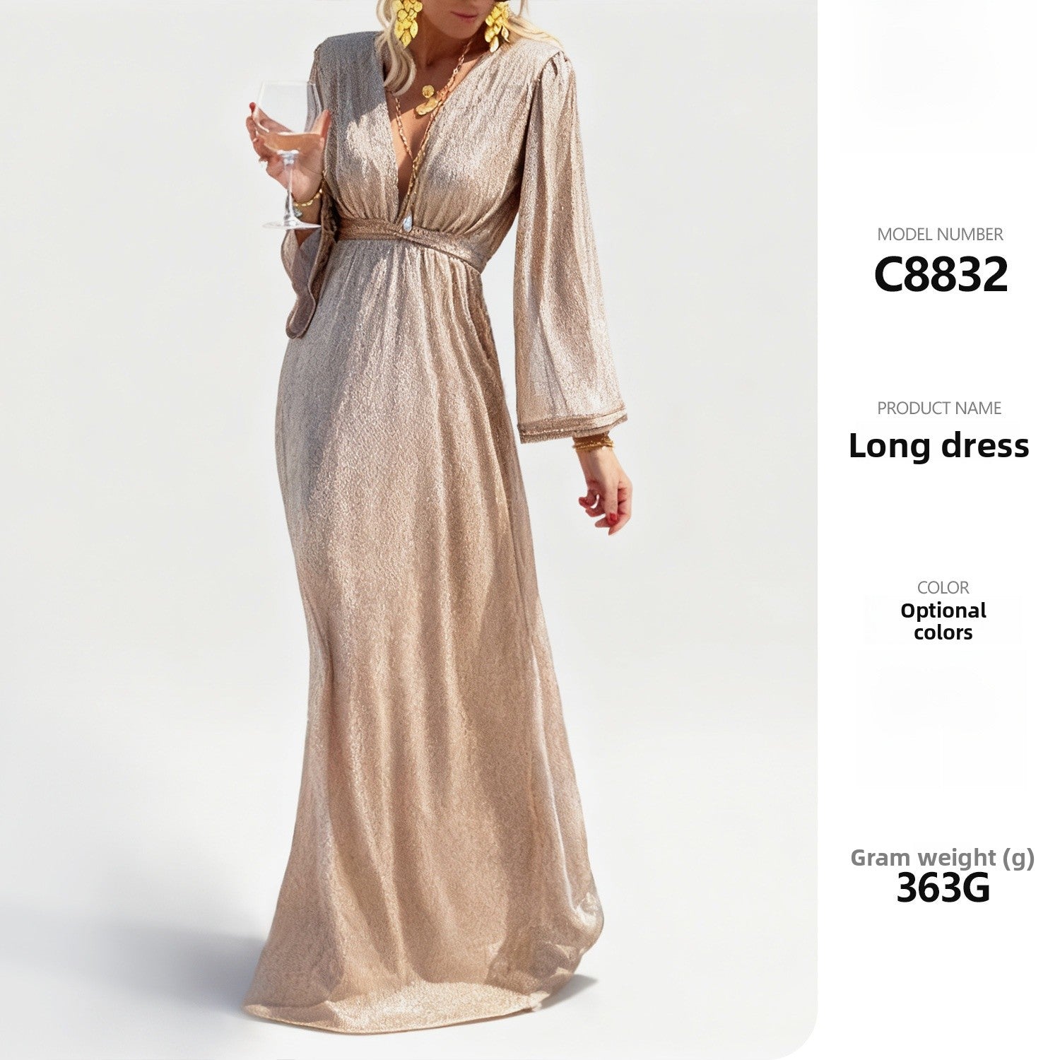 Elegant Solid Color Sequin Dress With V Neck And Long Sleeve In Polyester For Banquet