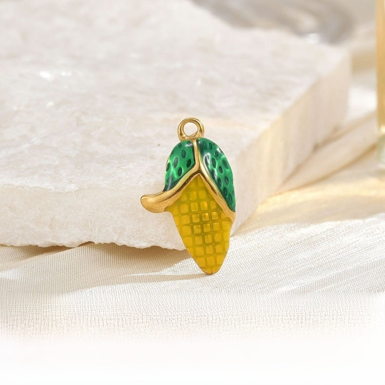 Corn Pendant In Metal With Real Gold Plated Finish Featuring Epoxy Craftsmanship, Electroplated Gold Jewelry Accessory