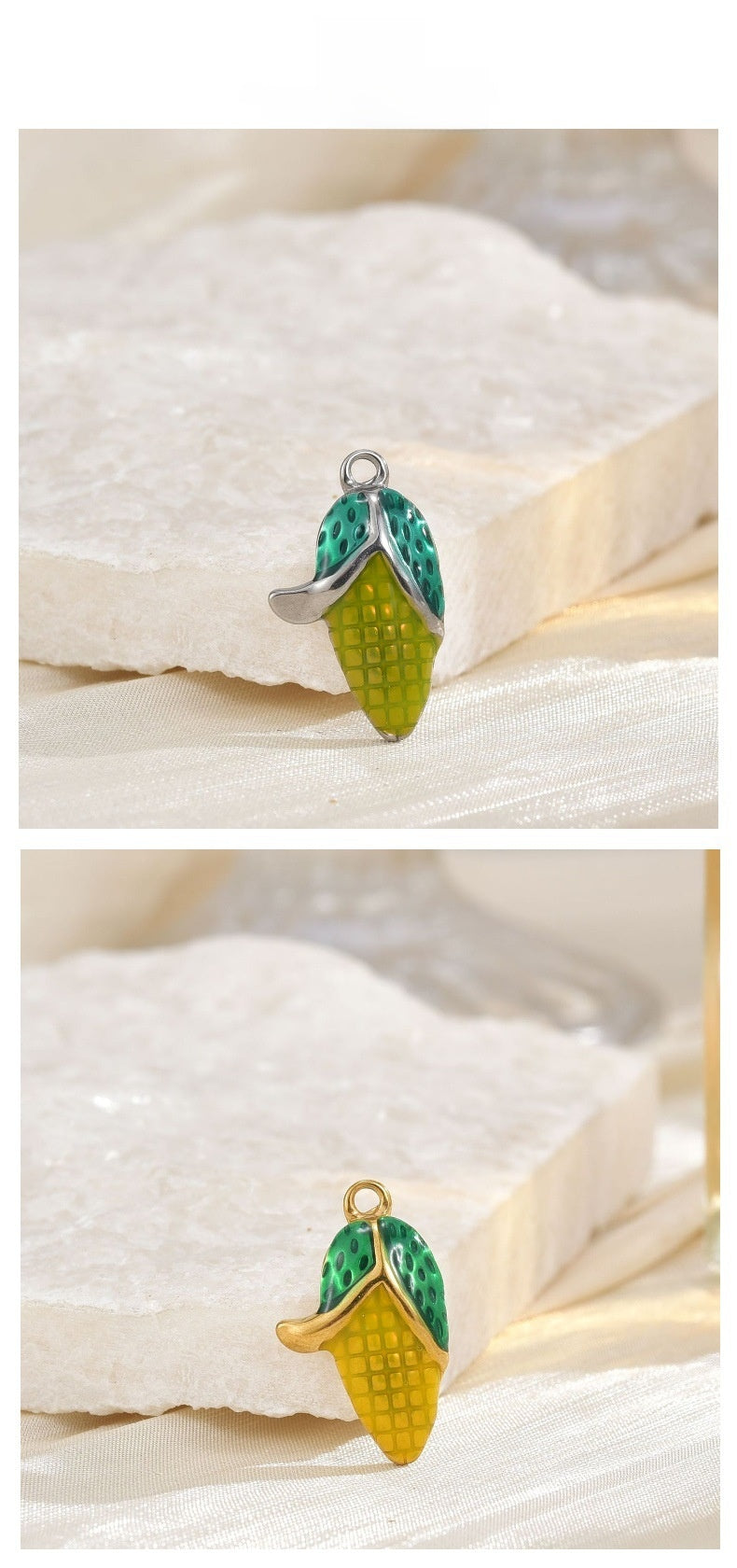 Corn Pendant In Metal With Real Gold Plated Finish Featuring Epoxy Craftsmanship, Electroplated Gold Jewelry Accessory