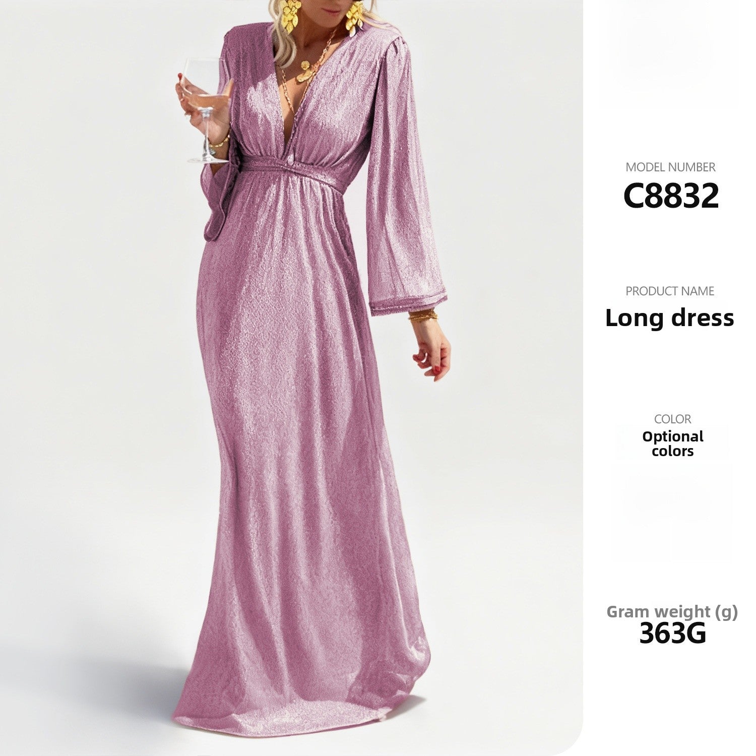 Elegant Solid Color Sequin Dress With V Neck And Long Sleeve In Polyester For Banquet