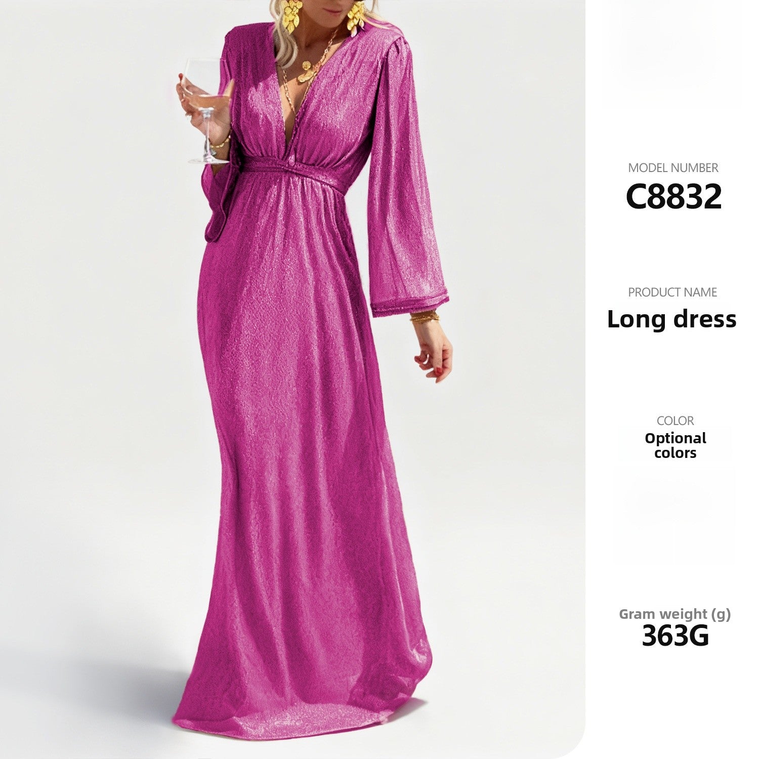 Elegant Solid Color Sequin Dress With V Neck And Long Sleeve In Polyester For Banquet