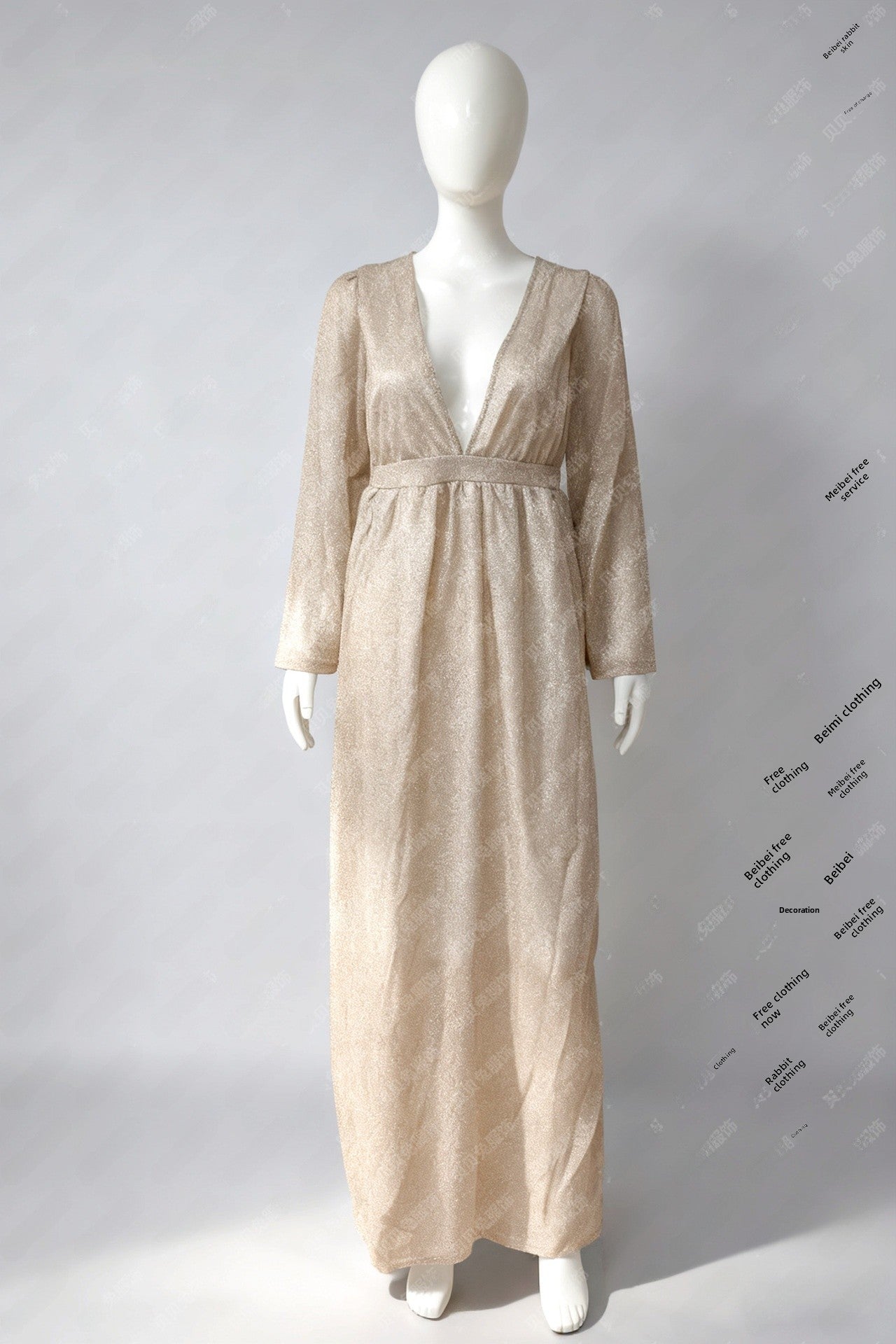 Elegant Solid Color Sequin Dress With V Neck And Long Sleeve In Polyester For Banquet