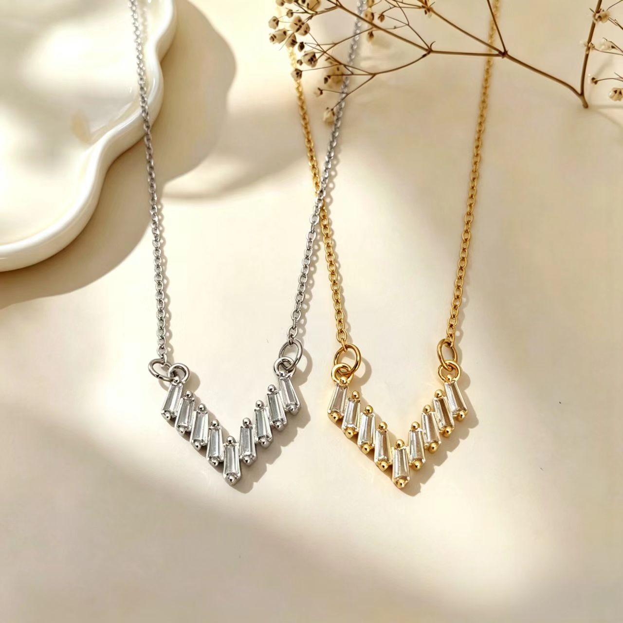 Gold V Shape Necklace For Women In Titanium Steel With Copper Pendant And Zircon Inlay On Cable Chain