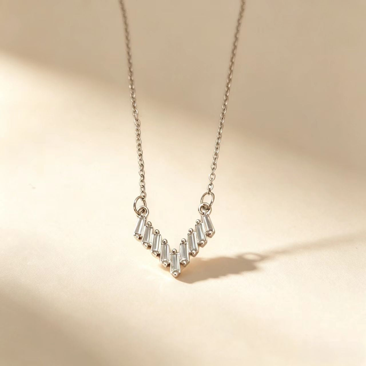 Gold V Shape Necklace For Women In Titanium Steel With Copper Pendant And Zircon Inlay On Cable Chain