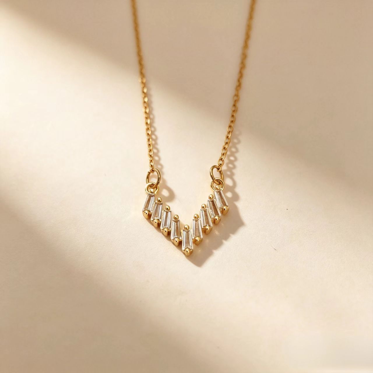 Gold V Shape Necklace For Women In Titanium Steel With Copper Pendant And Zircon Inlay On Cable Chain