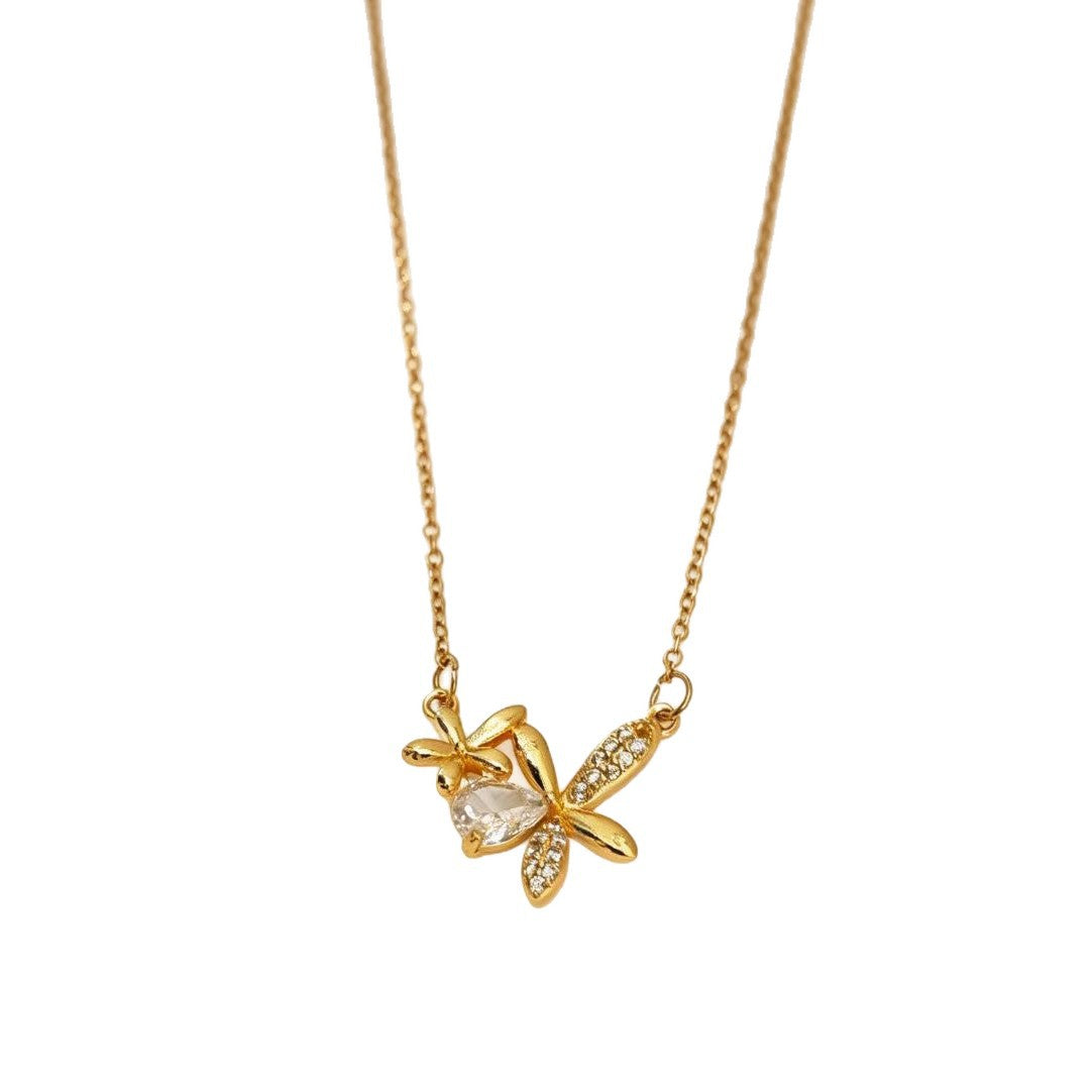 Gold Flowers Necklace For Women In Titanium Steel With Copper Pendant And Zircon Inlay On Cable Chain