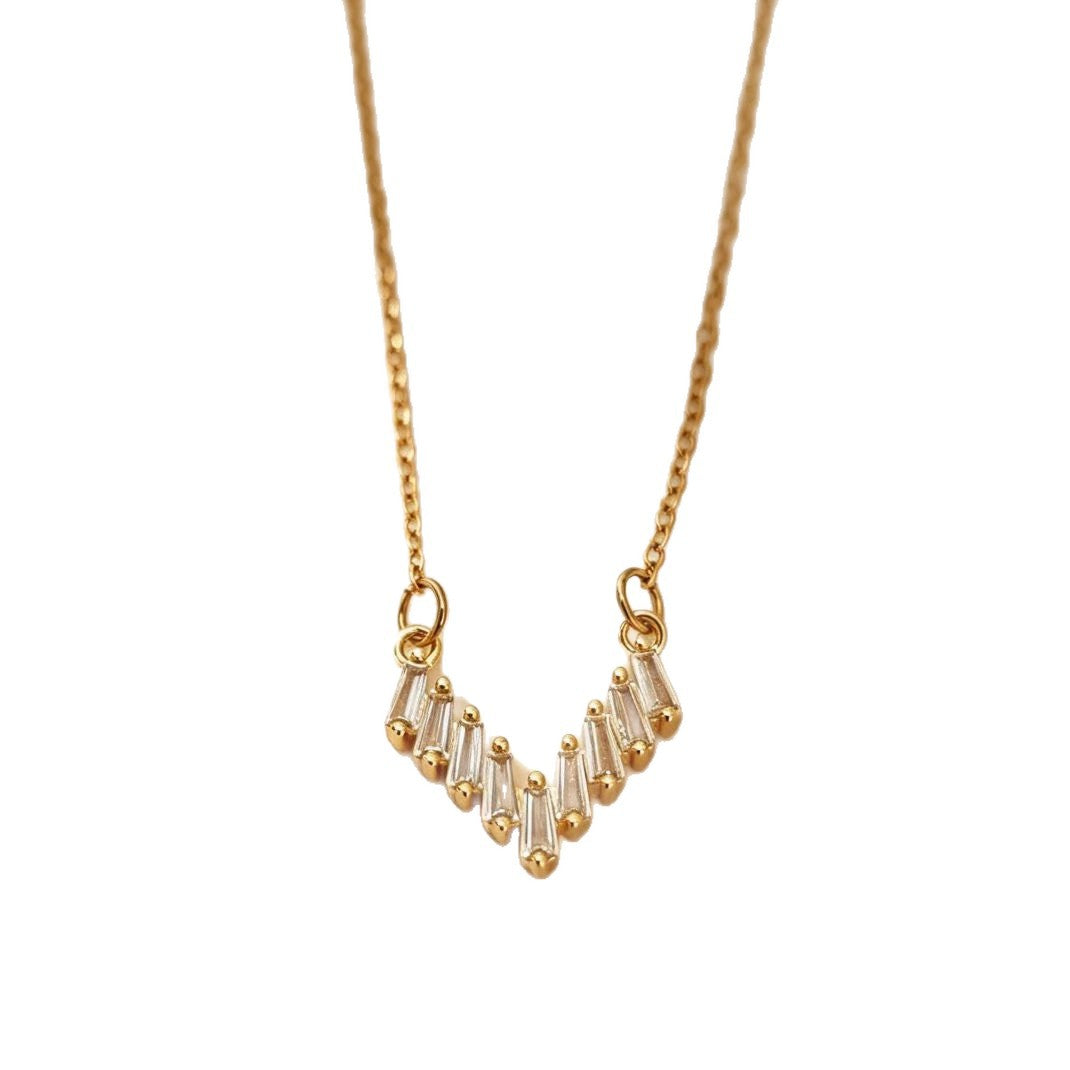 Gold V Shape Necklace For Women In Titanium Steel With Copper Pendant And Zircon Inlay On Cable Chain