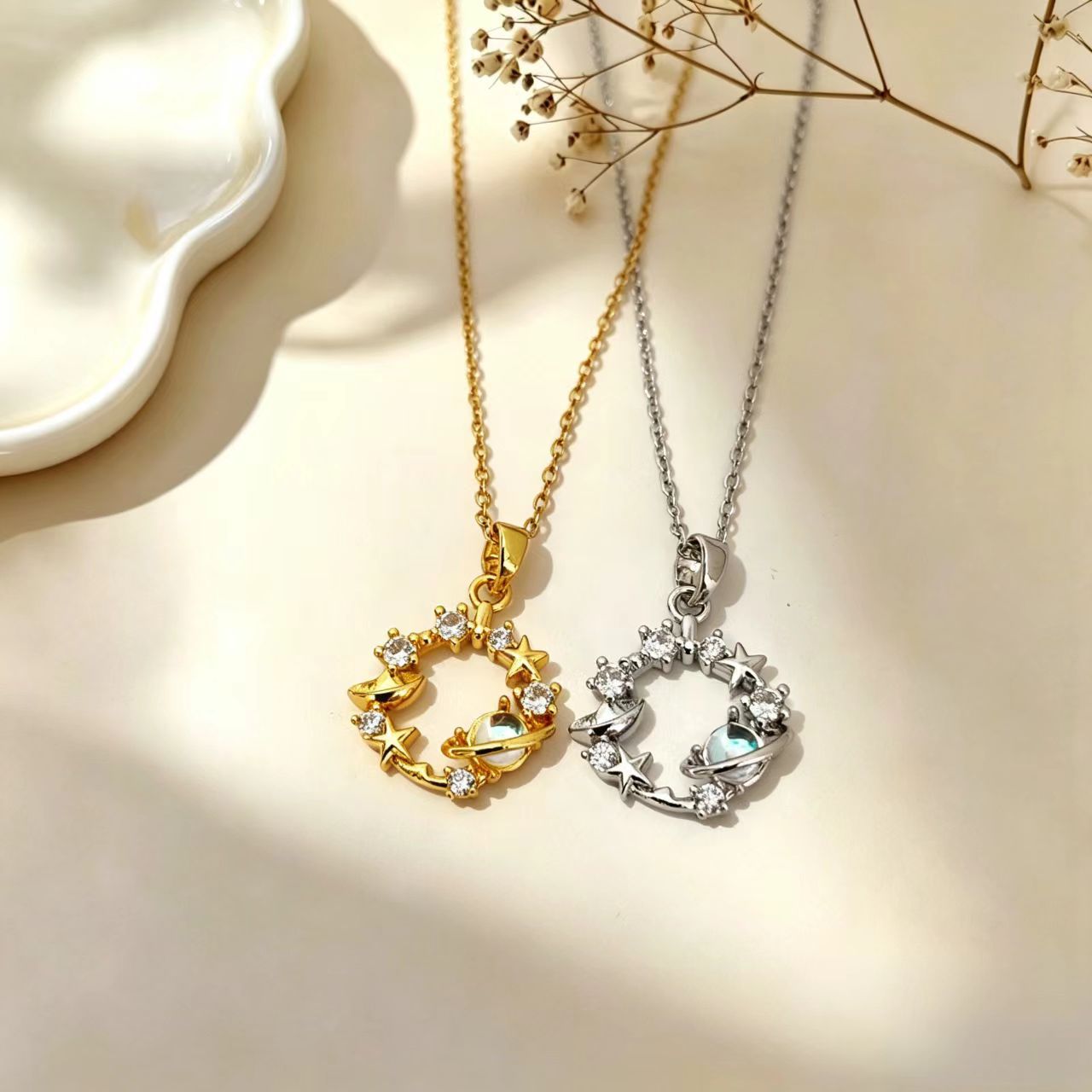 Floral Pendant Necklace For Women In Golden Plated Titanium Steel With Zircon Inlay And Cable Chain