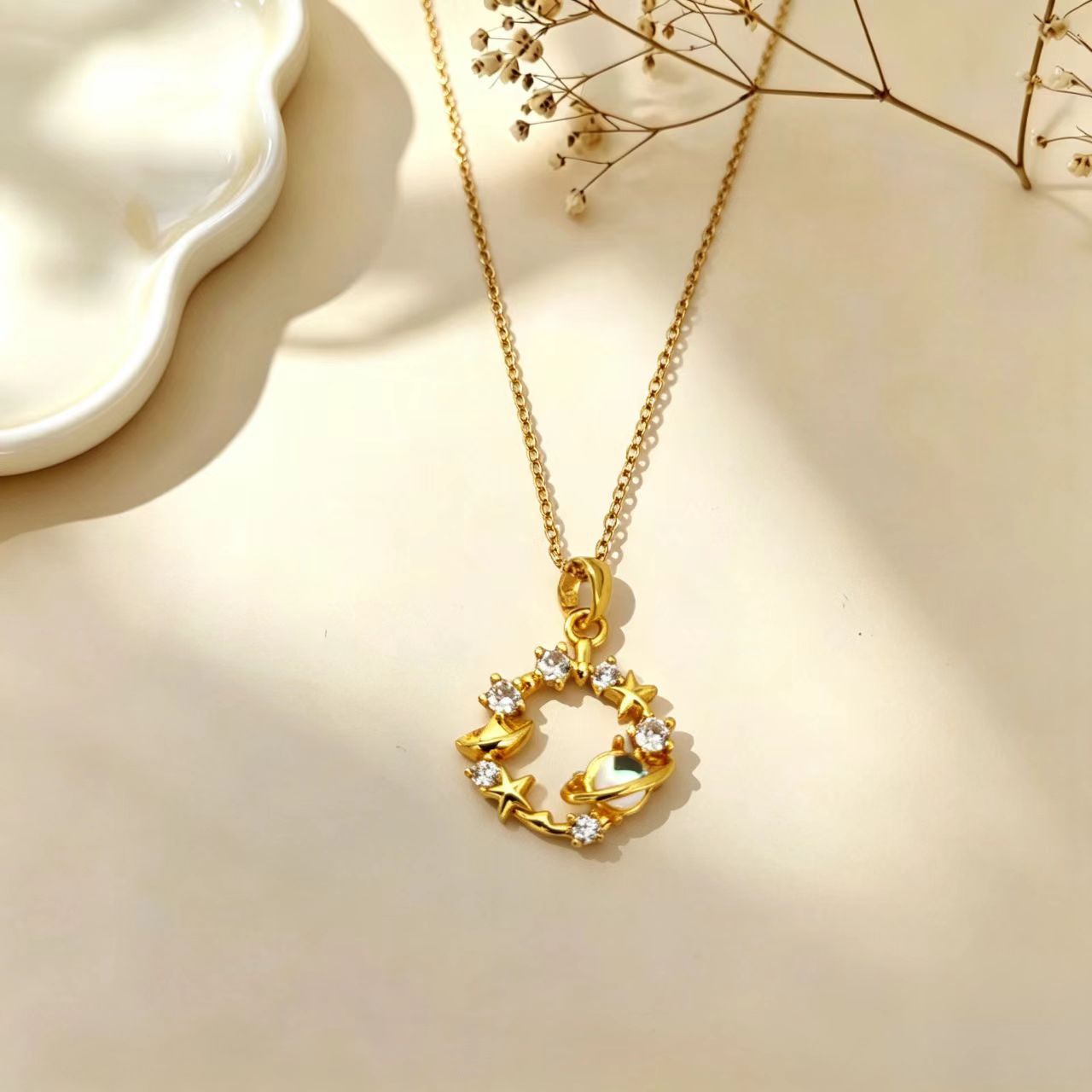 Floral Pendant Necklace For Women In Golden Plated Titanium Steel With Zircon Inlay And Cable Chain
