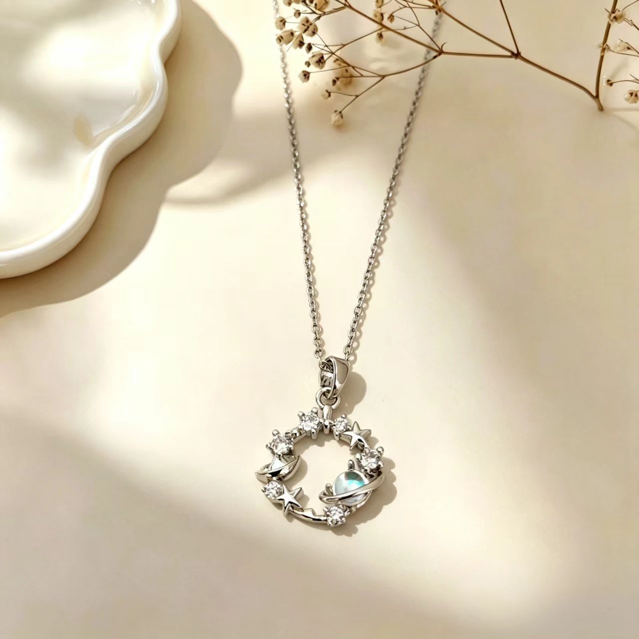 Floral Pendant Necklace For Women In Golden Plated Titanium Steel With Zircon Inlay And Cable Chain