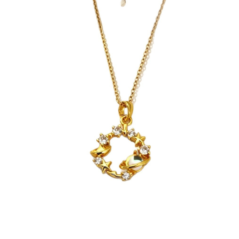 Floral Pendant Necklace For Women In Golden Plated Titanium Steel With Zircon Inlay And Cable Chain