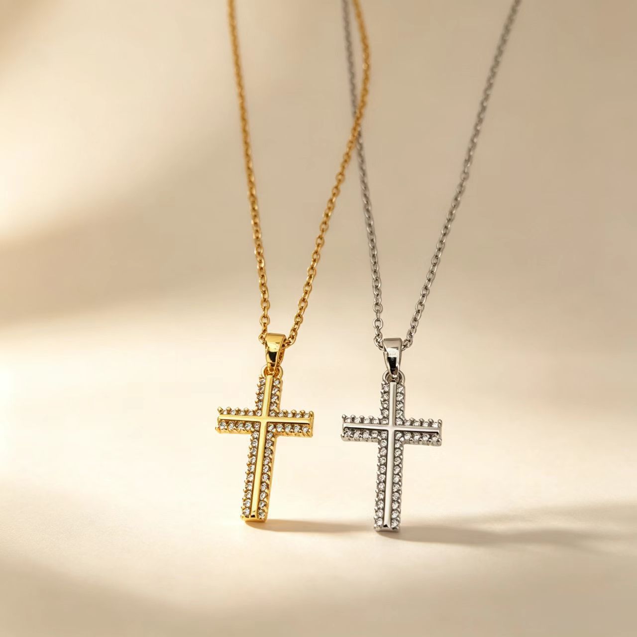 Golden Plated Titanium Steel Cross Necklace For Women With Rhinestones And Cable Chain
