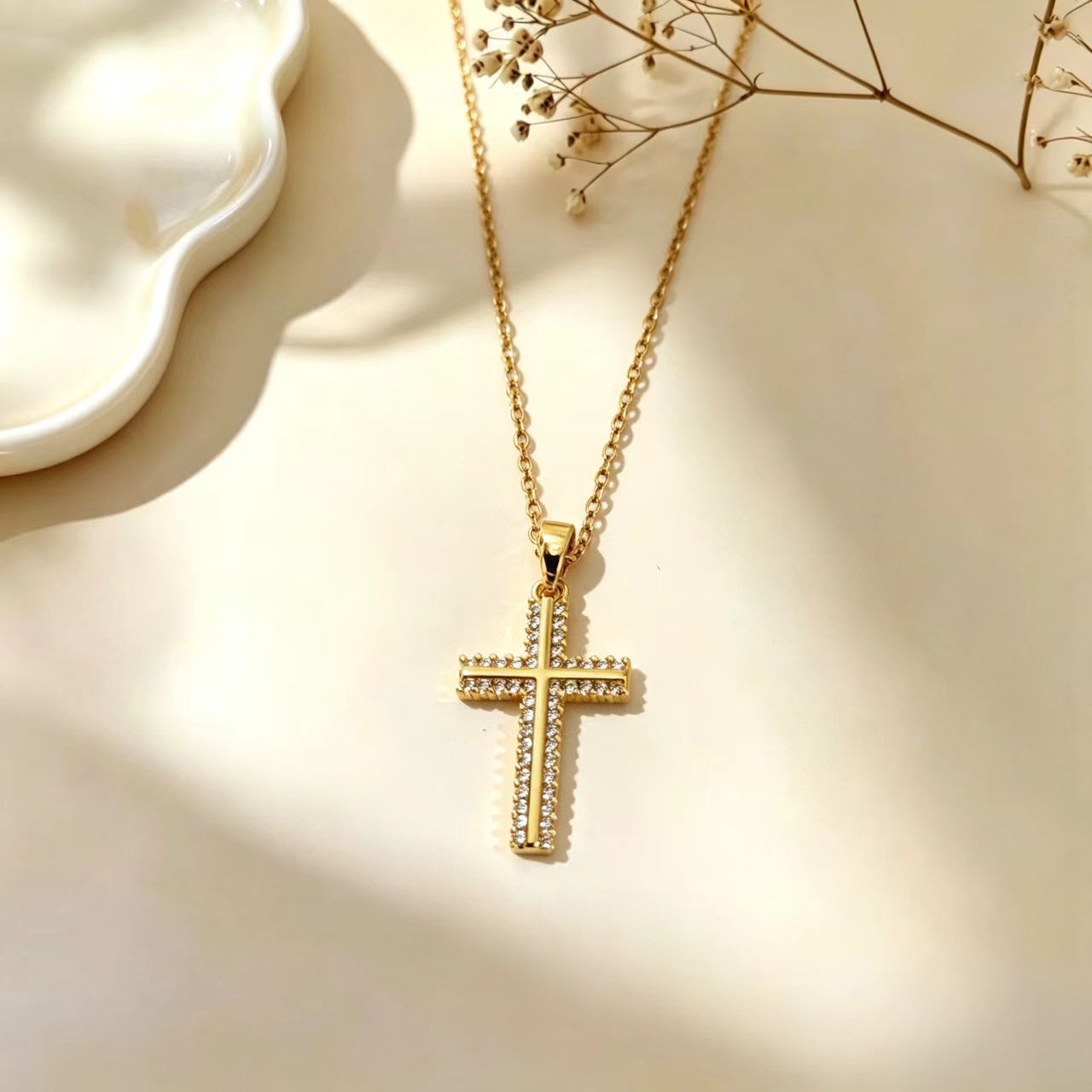 Golden Plated Titanium Steel Cross Necklace For Women With Rhinestones And Cable Chain