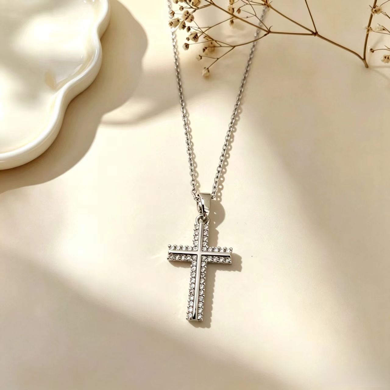 Golden Plated Titanium Steel Cross Necklace For Women With Rhinestones And Cable Chain