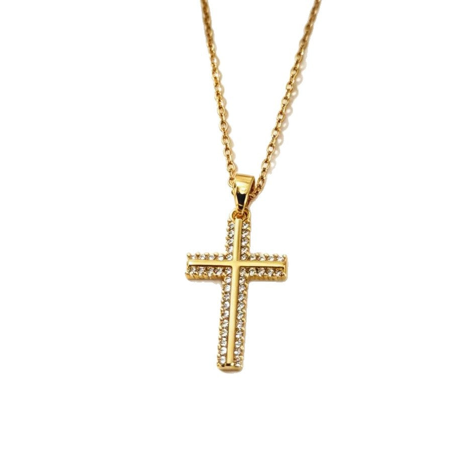 Golden Plated Titanium Steel Cross Necklace For Women With Rhinestones And Cable Chain