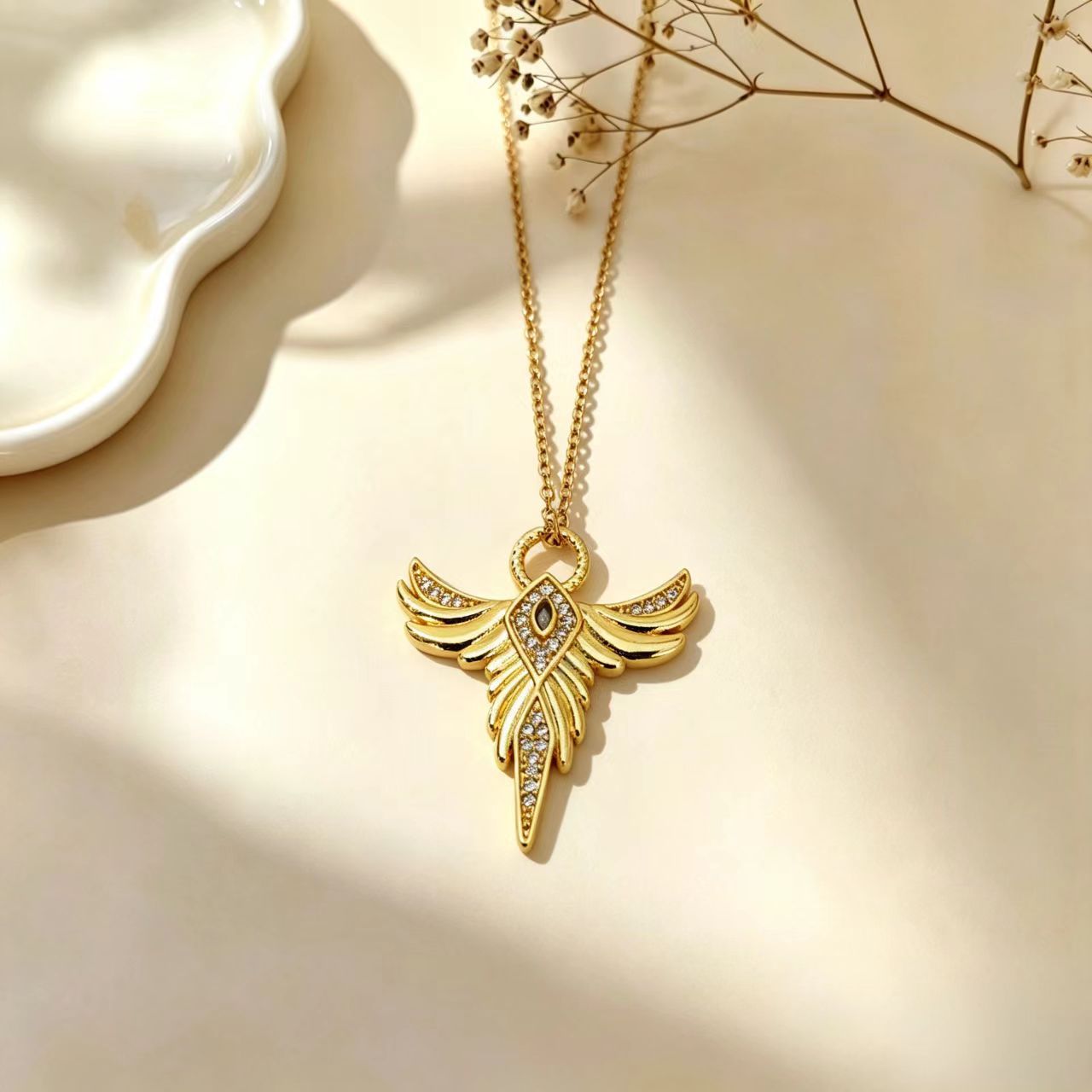Angel Wings Necklace For Women In Gold Featuring PVD Coated Copper Pendant With Durable Titanium Steel Cable Chain