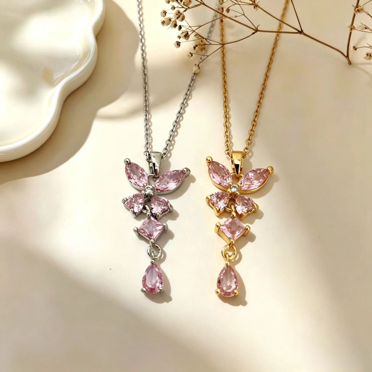 Butterfly Tassel Pendant Necklace For Women In Gold With Copper Pendant And Titanium Steel Cable Chain