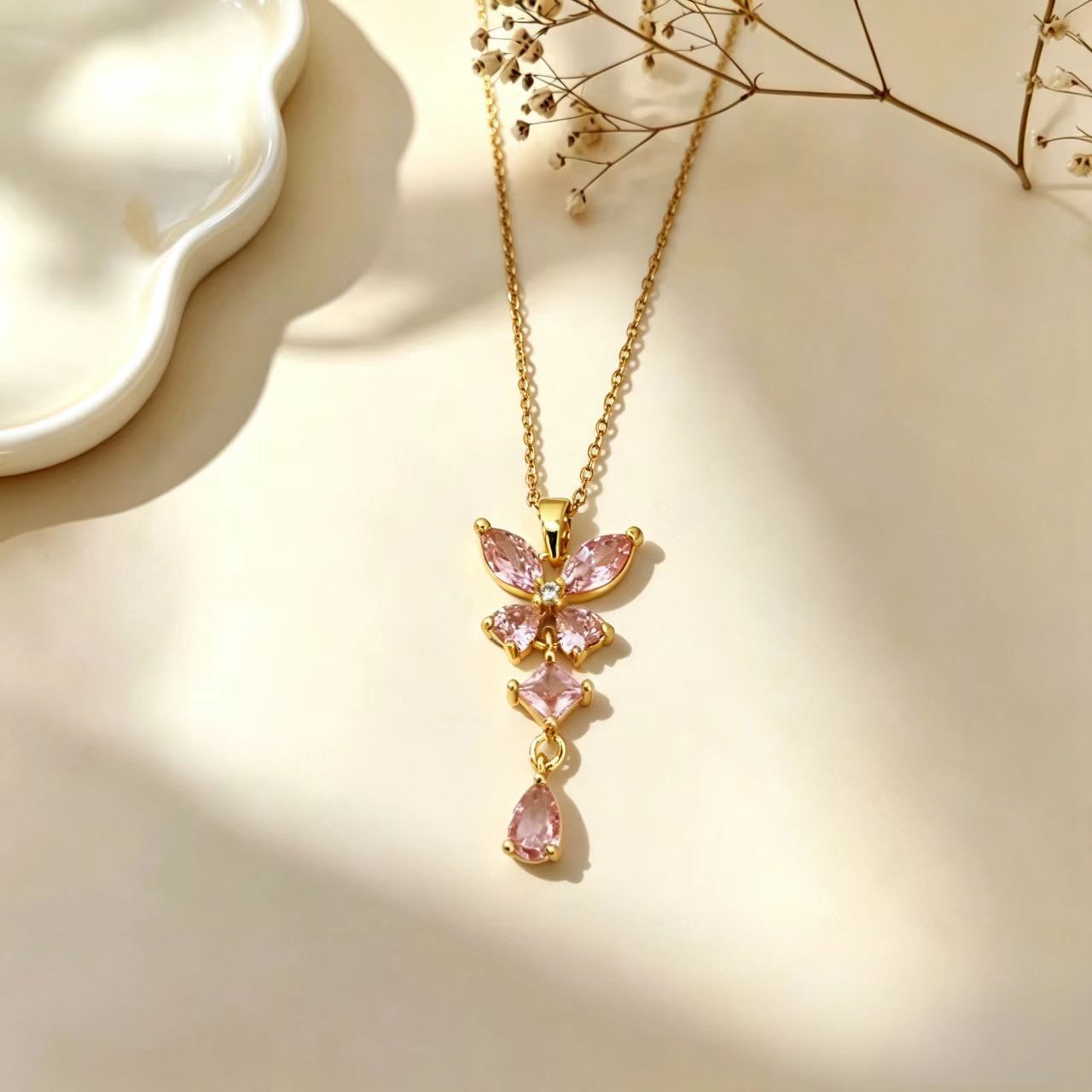 Butterfly Tassel Pendant Necklace For Women In Gold With Copper Pendant And Titanium Steel Cable Chain