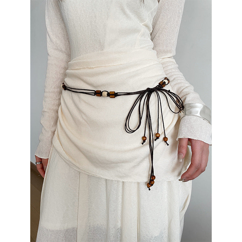Bohemian Flowers Braided Belt For Women With Plastic Automatic Buckle (No-Hole) Featuring Beading And Braid Finish