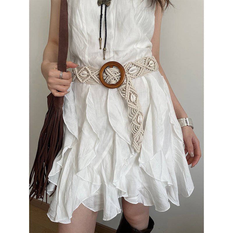 Bohemian Flowers Braided Belt For Women With Plastic Automatic Buckle (No-Hole) Featuring Beading And Braid Finish
