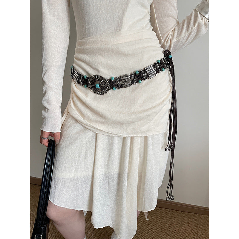 Bohemian Flowers Braided Belt For Women With Plastic Automatic Buckle (No-Hole) Featuring Beading And Braid Finish