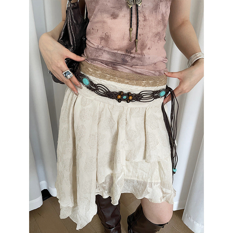 Bohemian Flowers Braided Belt For Women With Plastic Automatic Buckle (No-Hole) Featuring Beading And Braid Finish