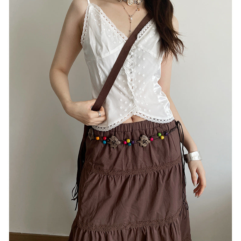 Bohemian Flowers Braided Belt For Women With Plastic Automatic Buckle (No-Hole) Featuring Beading And Braid Finish