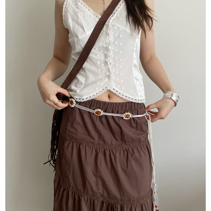 Bohemian Flowers Braided Belt For Women With Plastic Automatic Buckle (No-Hole) Featuring Beading And Braid Finish