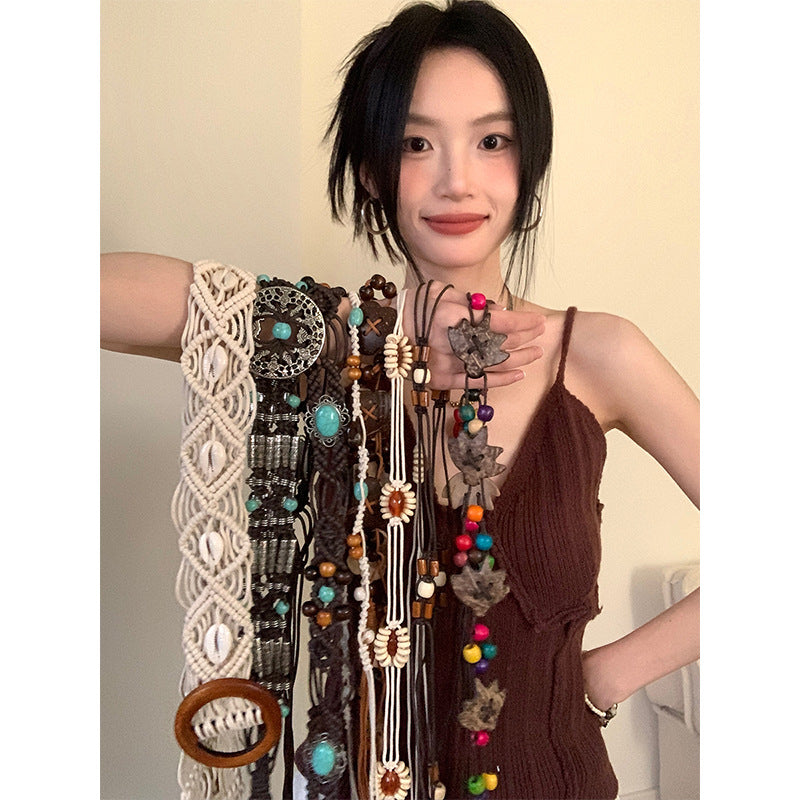 Bohemian Flowers Braided Belt For Women With Plastic Automatic Buckle (No-Hole) Featuring Beading And Braid Finish
