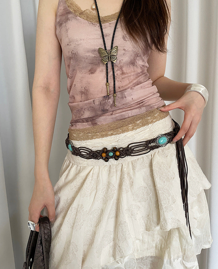 Bohemian Flowers Braided Belt For Women With Plastic Automatic Buckle (No-Hole) Featuring Beading And Braid Finish