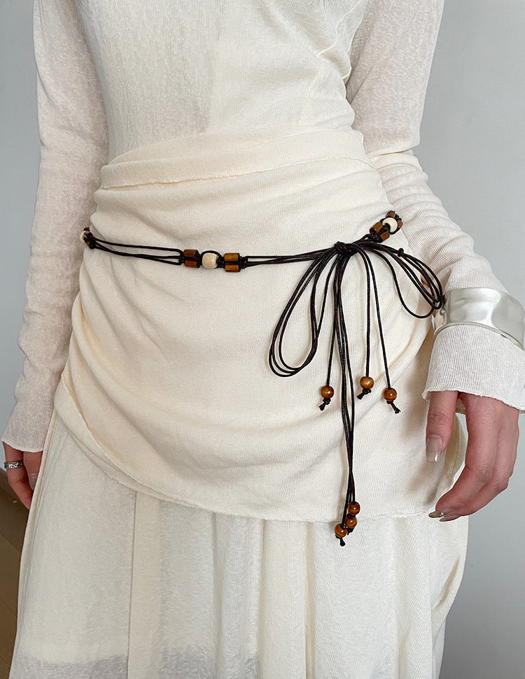 Bohemian Flowers Braided Belt For Women With Plastic Automatic Buckle (No-Hole) Featuring Beading And Braid Finish