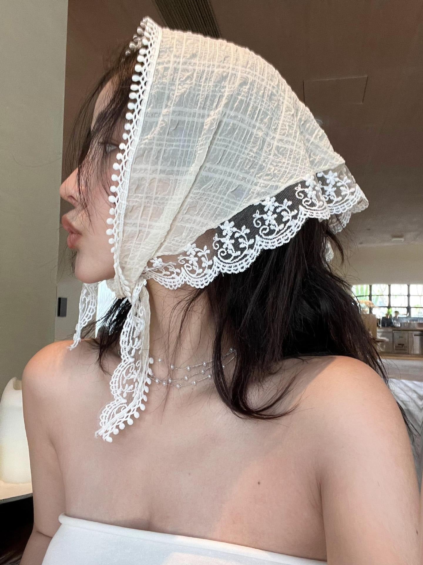French Lace Hat Accessory For Women In White, Made Of Polyester With Elegant Printing Craft