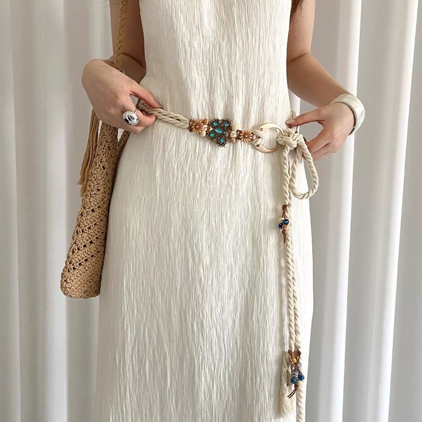 Bohemian Women’s Braided Belt With Flowers Pattern Featuring Pu Leather Automatic Buckle And Braid Surface Finish