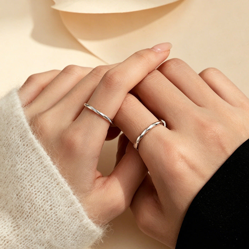 Geometric Open Rings For Couples In Simple Style, 925 Sterling Silver With Electroplated Finish, 1 Pair