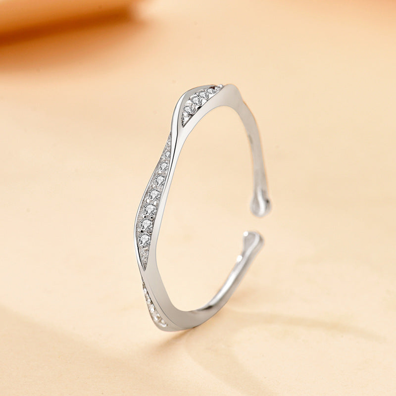 Infinity Open Ring In 925 Sterling Silver With Rhinestones, Electroplated Finish And Twist Craftsmanship, Unisex Simple Style
