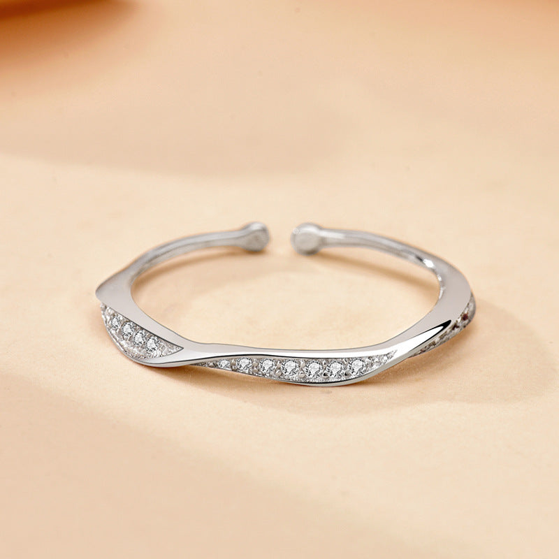 Infinity Open Ring In 925 Sterling Silver With Rhinestones, Electroplated Finish And Twist Craftsmanship, Unisex Simple Style