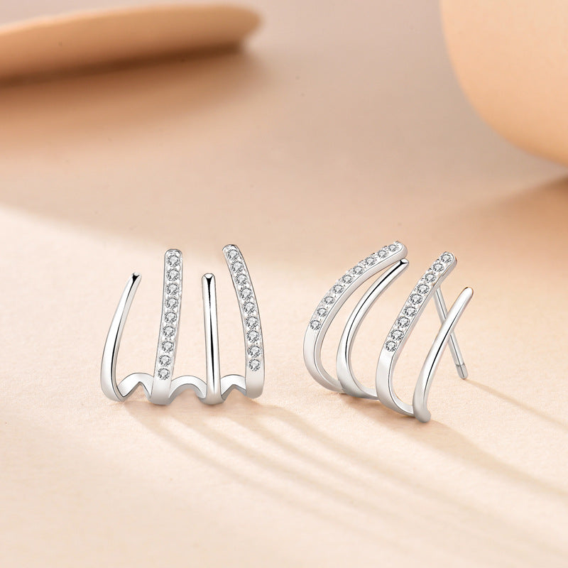 Lines Stud Earrings For Women In 925 Sterling Silver With Electroplated Gold Plating Process, Silver Color