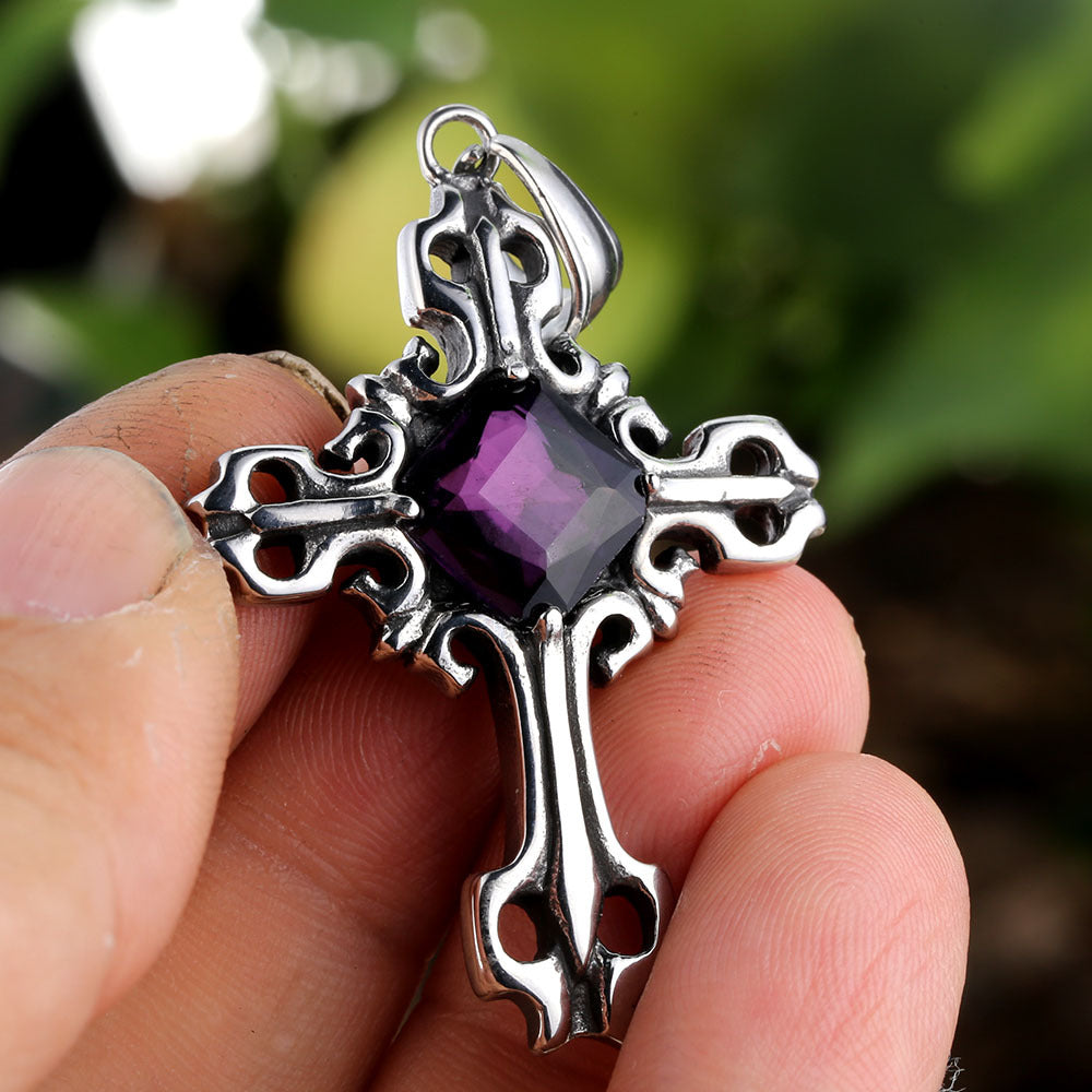Cross Pendant In 316 Stainless Steel With Diamond Inlay, Featuring A Polished Retro Style And Red Accent