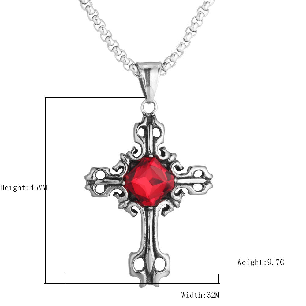 Cross Pendant In 316 Stainless Steel With Diamond Inlay, Featuring A Polished Retro Style And Red Accent