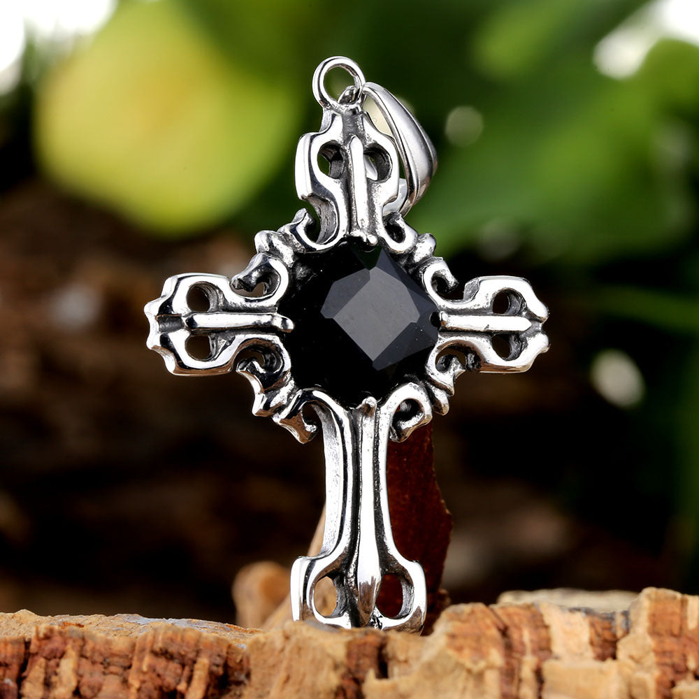 Cross Pendant In 316 Stainless Steel With Diamond Inlay, Featuring A Polished Retro Style And Red Accent