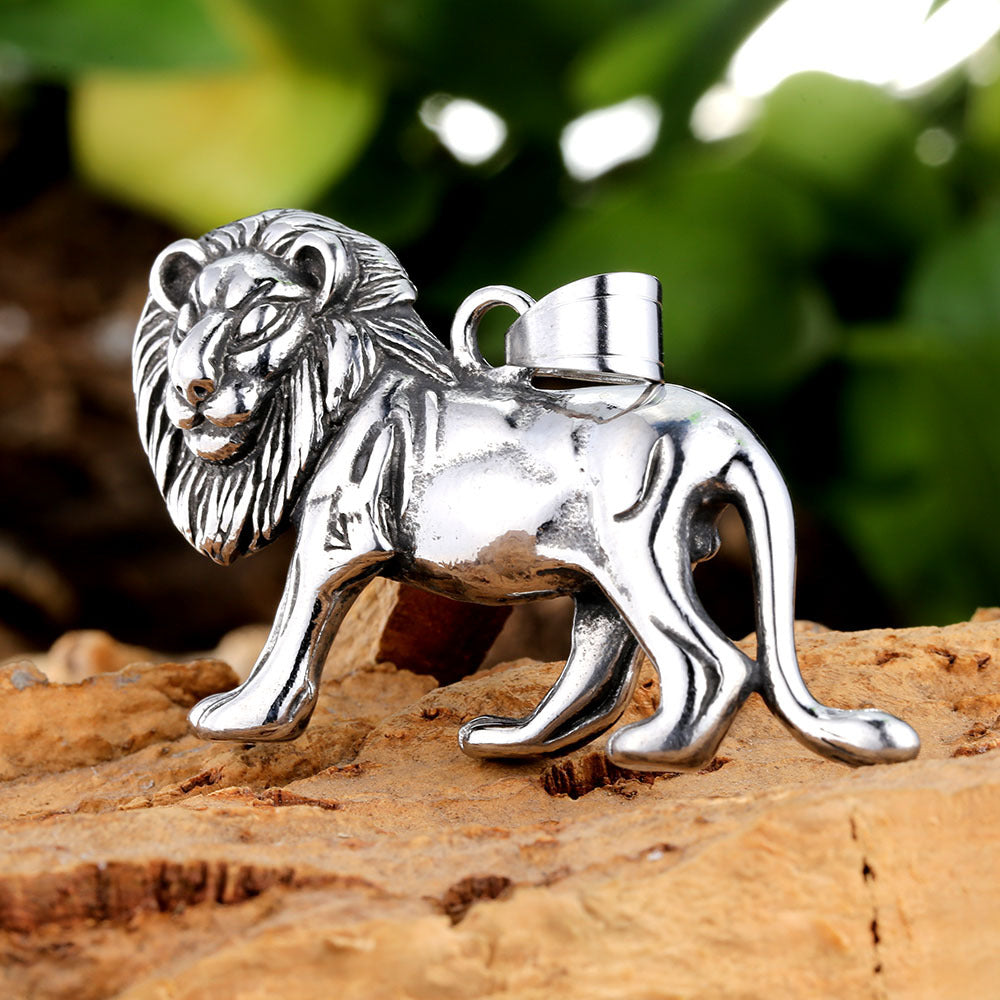 Lion Pendant In 316 Stainless Steel With Polished Finish, Featuring Hip-Hop Style And Titanium Steel Chain In Steel Color