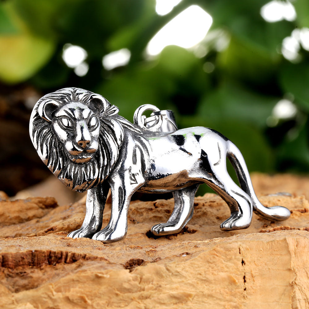 Lion Pendant In 316 Stainless Steel With Polished Finish, Featuring Hip-Hop Style And Titanium Steel Chain In Steel Color