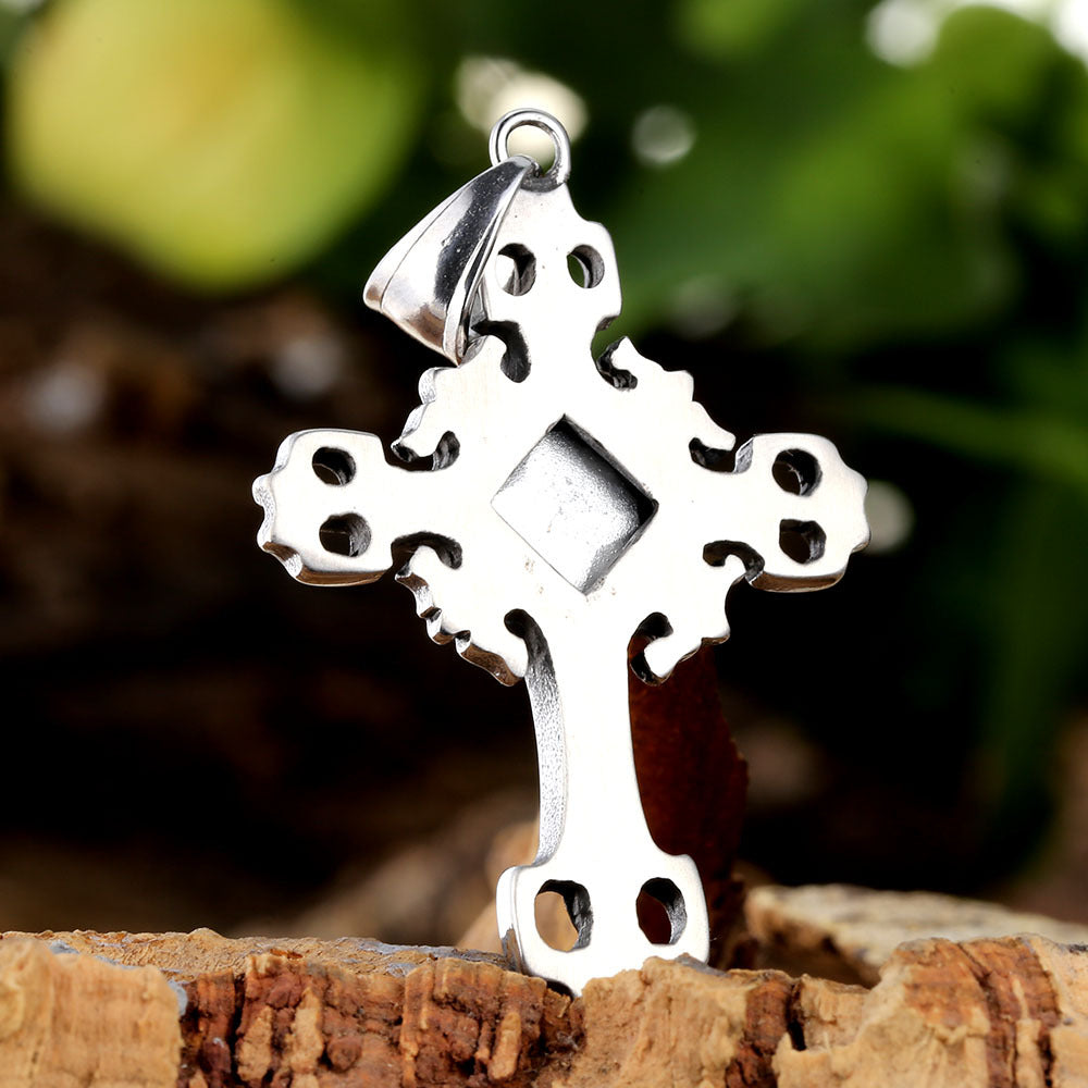 Cross Pendant In 316 Stainless Steel With Diamond Inlay, Featuring A Polished Retro Style And Red Accent