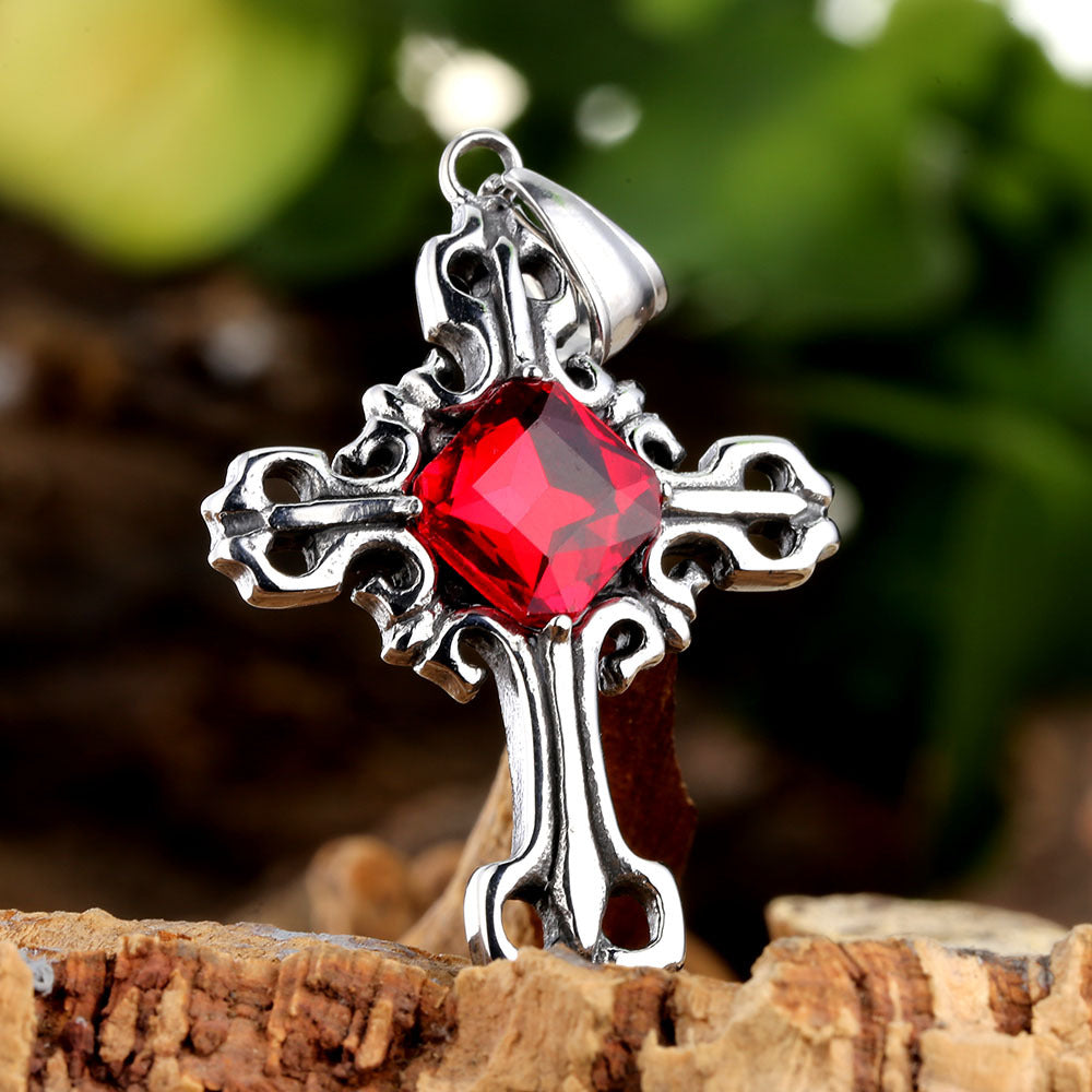 Cross Pendant In 316 Stainless Steel With Diamond Inlay, Featuring A Polished Retro Style And Red Accent