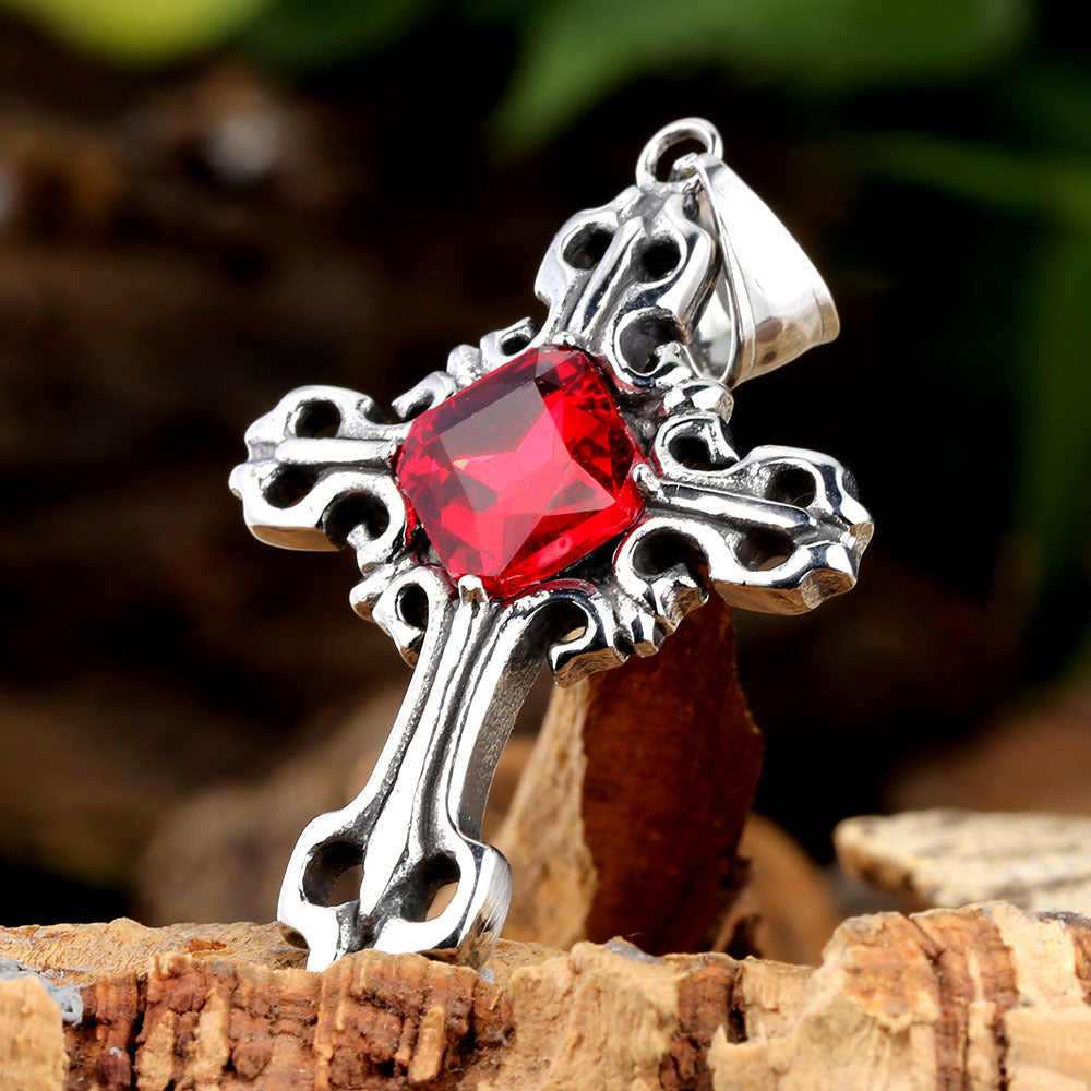 Cross Pendant In 316 Stainless Steel With Diamond Inlay, Featuring A Polished Retro Style And Red Accent